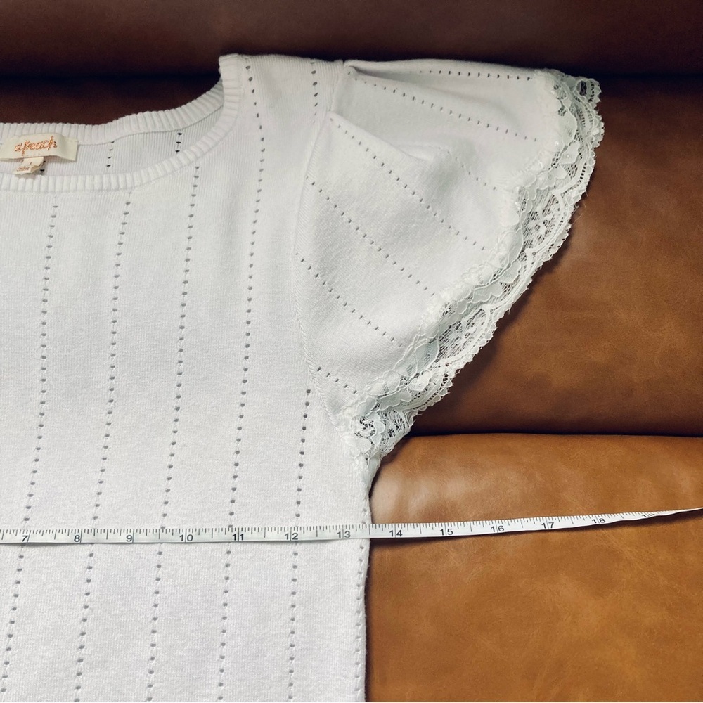 🍑A Peach White Pointelle Tee Lace Flutter Sleeve Top Scalloped Bottom Size L - Picture 4 of 6